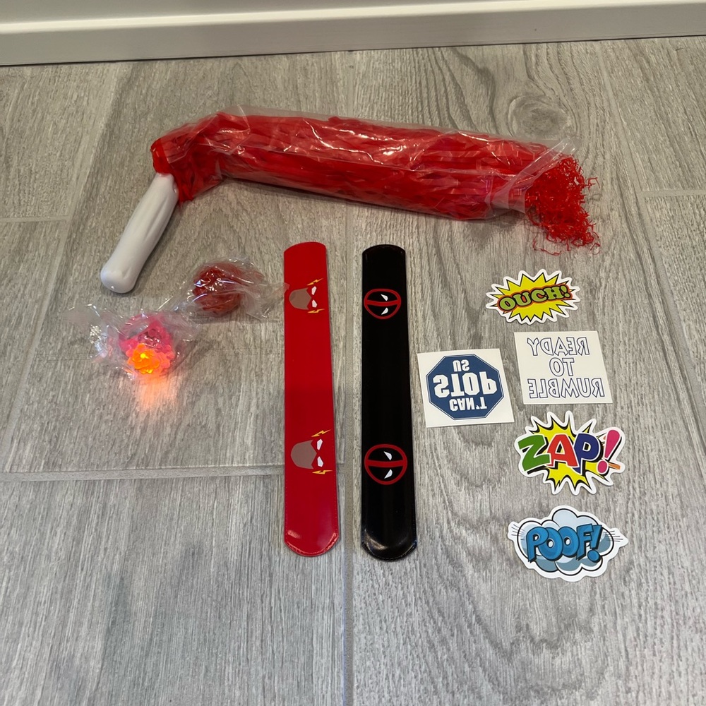 New! Lot of Kids superhero bracelets, stickers, light up rings and pom pom